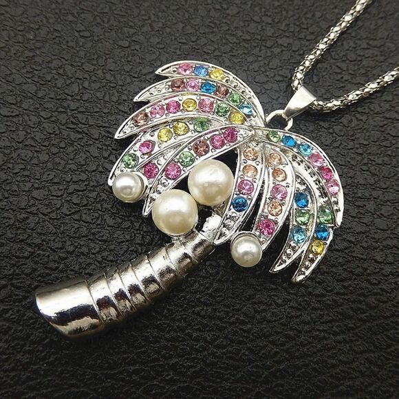 Multi-Color Crystal Rhinestone Coconut Tree Pendant Necklace NWOT - Picture 2 of 3
